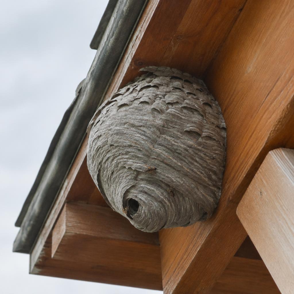 Grey wasp nest under roof eaves